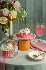 The cake and cup cakes served at a party table. Cake  stilllife photography