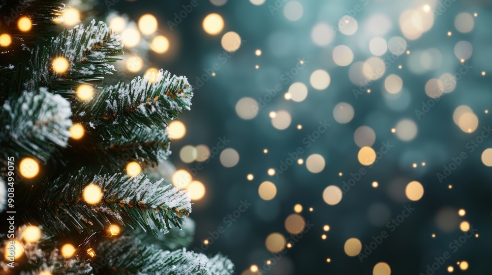 Poster delicate branches of a christmas tree twinkle with lights, creating a festive atmosphere in the dark
