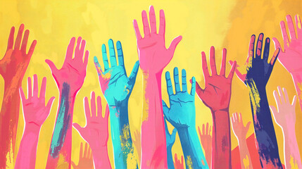 Fototapeta premium illustration of a collection of diverse and colorful hands raised up in unity.