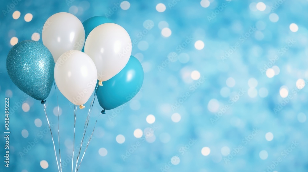 Poster bright blue and white balloons are clustered together against a sparkling bokeh backdrop, creating a