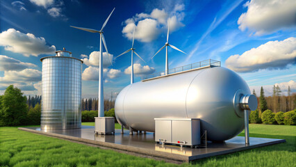 A facility with silver tanks is set against a backdrop of wind turbines and a vibrant, green landscape.The blue sky is dotted with fluffy white clouds.Environmental improvement technology.AI generated