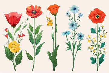 Obraz premium Collection of 2D and 3D Vector Flat Abstract Minimalistic Art of Flowers and Meadow Isolated on a White Background