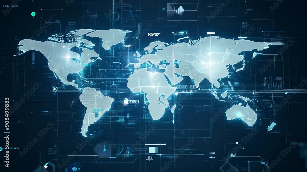 Poster global network connections displayed on a digital world map