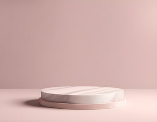 Marble pink round podium or stand top view flat lay product display minimal, simple pastel pink background