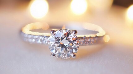 Fototapeta premium A stunning diamond engagement ring dazzles with brilliance in a softly lit atmosphere, perfect for a romantic moment