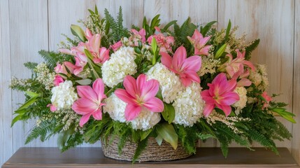 Naklejka premium A beautiful arrangement of pink lilies and white hydrangeas adds vibrancy to the indoor space