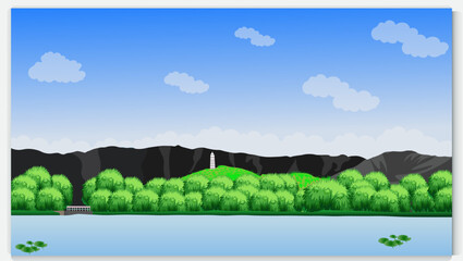 Mountain , Blue Sky reflecting on a lake water  beautiful landscape background , vector design illustration . Landscape, Illustrated with Hills or Mountains, Lake Water,, Blue Background. Nature