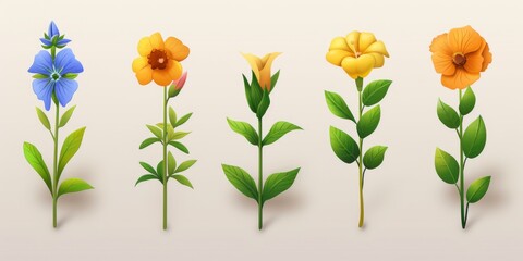 Collection of 2D and 3D Vector Flat Abstract Minimalistic Art of Flowers and Meadow Isolated on a White Background