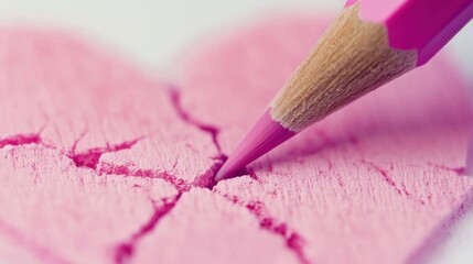 A pink pencil carefully sketches a broken heart, revealing intricate cracks on the surface