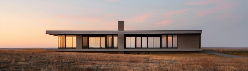 Prairie architecture, flat planes, selective focus, organic integration, realistic, manipulation, wide-open fields