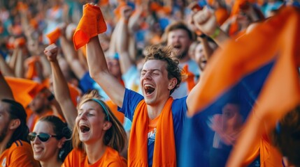 Ecstatic Dutch Soccer Fans Cheering a Goal During a Thrilling EM Match.