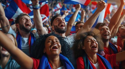 Fototapeta premium Ecstatic French Soccer Fans Cheering a Goal During a Thrilling EM Match.