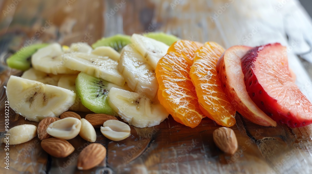 Wall mural Fresh fruit platter with kiwi, banana, orange, and red fruit.