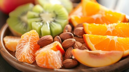 A platter of fresh fruit with kiwi, orange, and almonds.