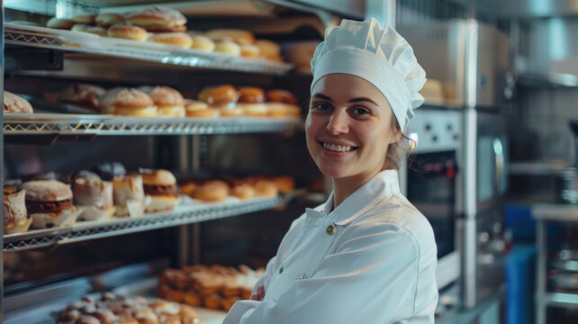 A smiling woman in a chef's hat stands in front of a display case full of pastri