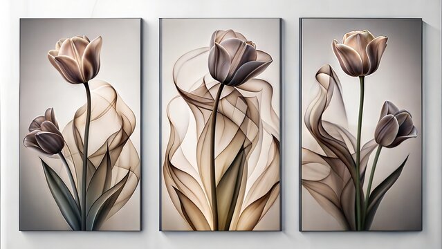 Set of three abstract smokey tulip shape art panels