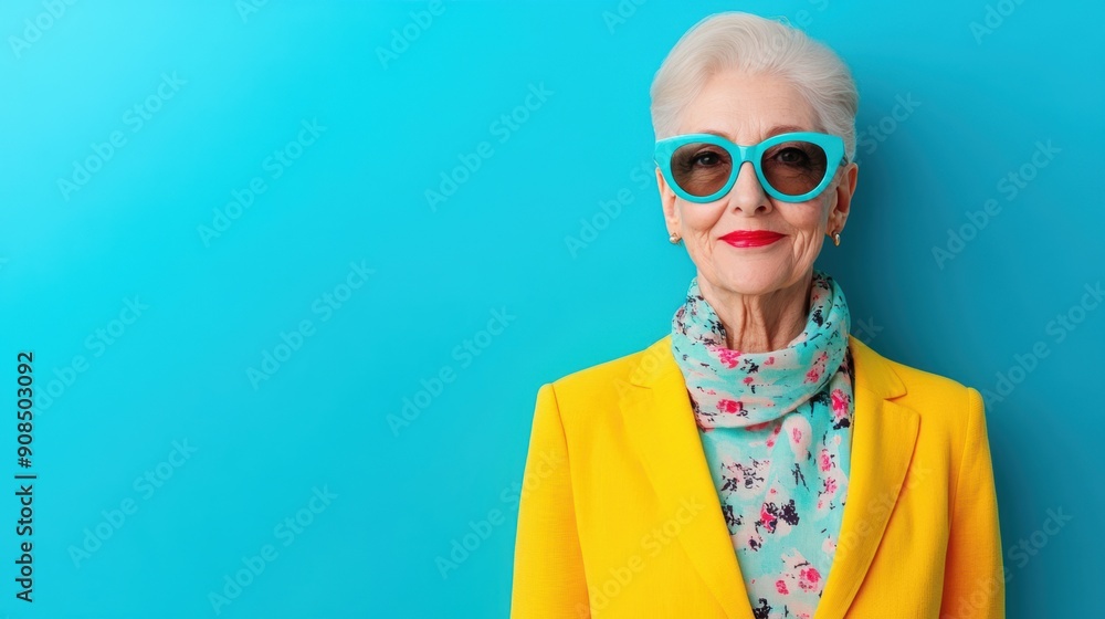 Wall mural A fashionable senior woman confidently poses, showcasing her vibrant attire and accessories against a striking blue backdrop