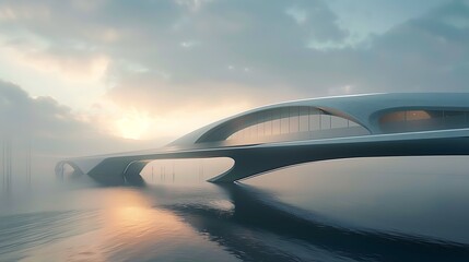 Obraz premium Futuristic Bridge spans a body of water at dawn with the sky painted in hues of orange and purple. The bridge is a marvel of modern architecture and a glimpse into the future.
