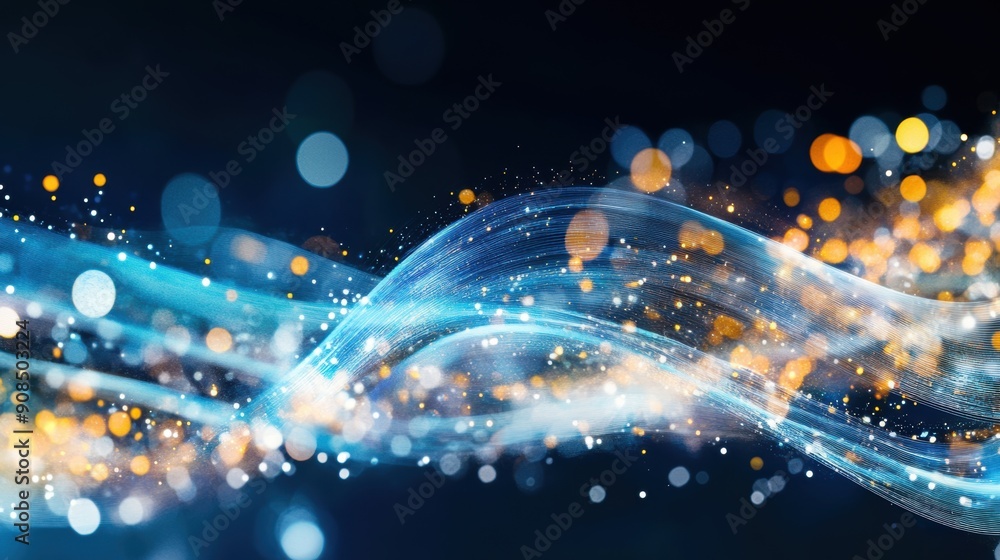 Poster fluid blue waves intertwine with glowing lights, creating an energetic and captivating abstract disp