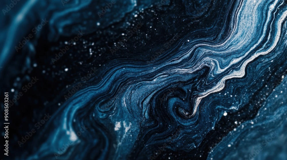 Poster a swirling marbled texture showcases deep blue hues and fluid patterns, creating a captivating visua