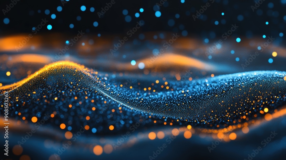 Poster abstract digital waves undulate with glowing dots in a mesmerizing display against a dark backdrop