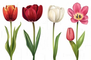 Obraz premium Collection of 2D and 3D Vector Flat Abstract Minimalistic Art of Flowers and Meadow Isolated on a White Background