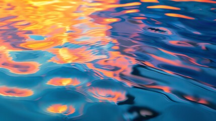 A close up of rippling blue water with reflections of orange and pink hues.
