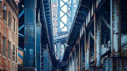 Fototapeta premium Underneath a bridge showing the steel construction and beams a view of the city in the distance.