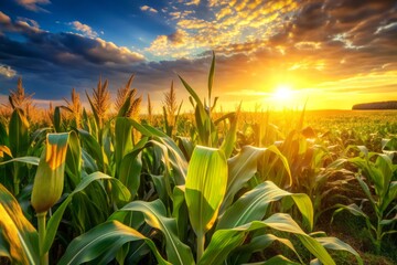 Golden ears of corn sway gently in a lush green field, bathed in warm sunlight, with soft blades of grass stretching towards the horizon.
