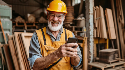 Smiling woodworker discussing designs over a cellphone and working online.