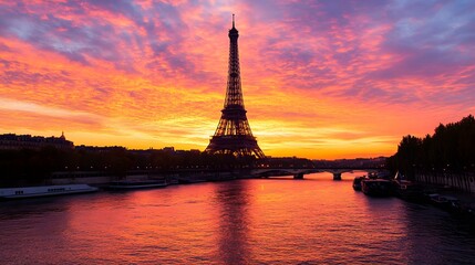 Fototapeta premium Eiffel Tower at Sunset: The Eiffel Tower silhouetted against a vibrant sunset sky, with the Seine River in the foreground. 