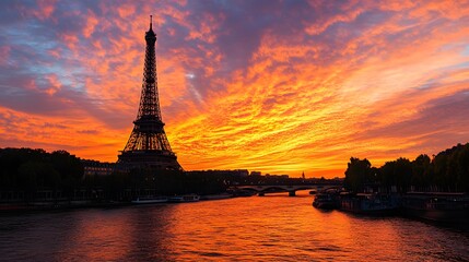 Naklejka premium Eiffel Tower at Sunset: The Eiffel Tower silhouetted against a vibrant sunset sky, with the Seine River in the foreground. 
