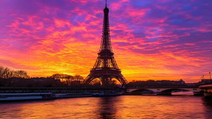 Eiffel Tower at Sunset: The Eiffel Tower silhouetted against a vibrant sunset sky, with the Seine River in the foreground.
