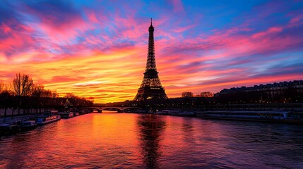 Obraz premium Eiffel Tower at Sunset: The Eiffel Tower silhouetted against a vibrant sunset sky, with the Seine River in the foreground. 