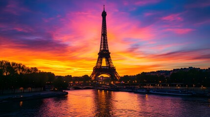 Obraz premium Eiffel Tower at Sunset: The Eiffel Tower silhouetted against a vibrant sunset sky, with the Seine River in the foreground. 