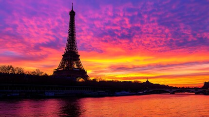 Fototapeta premium Eiffel Tower at Sunset: The Eiffel Tower silhouetted against a vibrant sunset sky, with the Seine River in the foreground. 