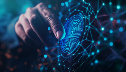 Businessman hand pointing at creative fingerprint interface on blurry bokeh background. Biometrics and security concept. Double exposure