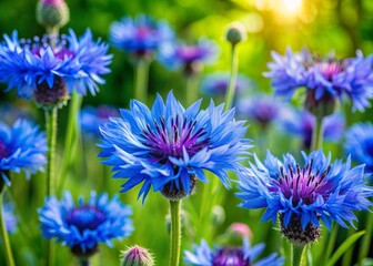 Fototapeta premium Vibrant cornflower blooms sway gently amidst lush green foliage in a serene garden setting, showcasing the delicate beauty of the annual Centaurea cyanus flowering plant.