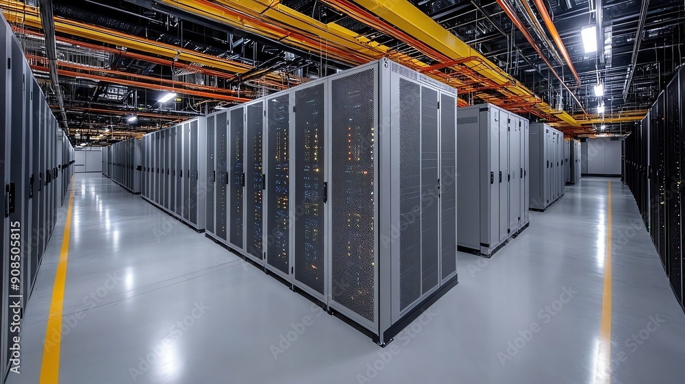 Poster Server room aisle with rows of server cabinets.