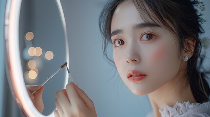 Obraz premium Beautiful Young woman with dark eyebrows hold eyebrow brush. Eyebrows lamination,Closeup macro of beautiful female eye with perfect shape eyebrows, eyebrow eye line.