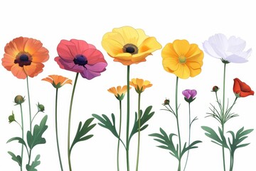 Fototapeta premium Collection of 2D and 3D Vector Flat Abstract Minimalistic Art of Flowers and Meadow Isolated on a White Background