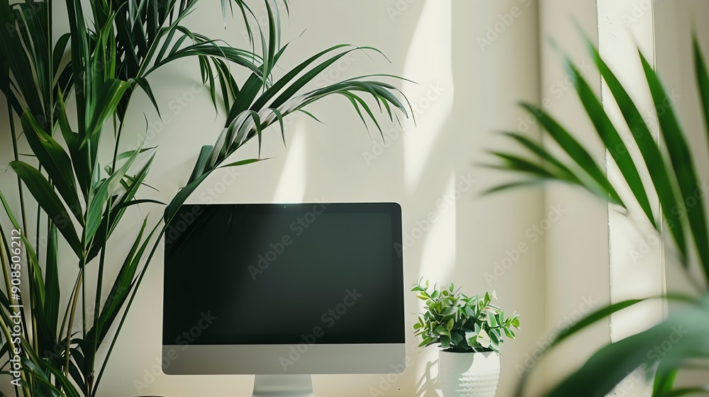 Poster a computer monitor is on a desk with plants in front of it.