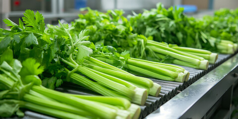 Obraz premium Fresh Celery Stalks on Industrial Conveyor Belt in Agricultural Processing Plant