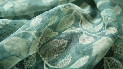 A closeup of green fabric with a white leaf pattern.
