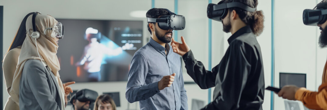 Team of Diverse Professionals Engaging in Virtual Reality Collaboration in Modern Office