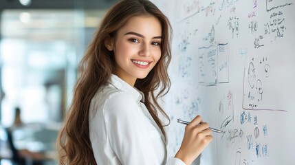 Portrait of a beautiful office worker woman, smiling and writing down her new idea on a whiteboard