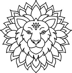 Cute Lion Face Coloring Page Minimal Line Art with Geometric Mandala Design