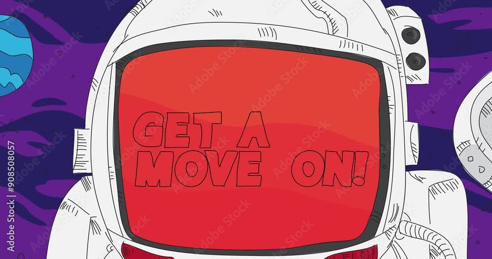 Poster astronaut in space with get a move on! text. abstract dancing line cartoon animation. 4k hd format r