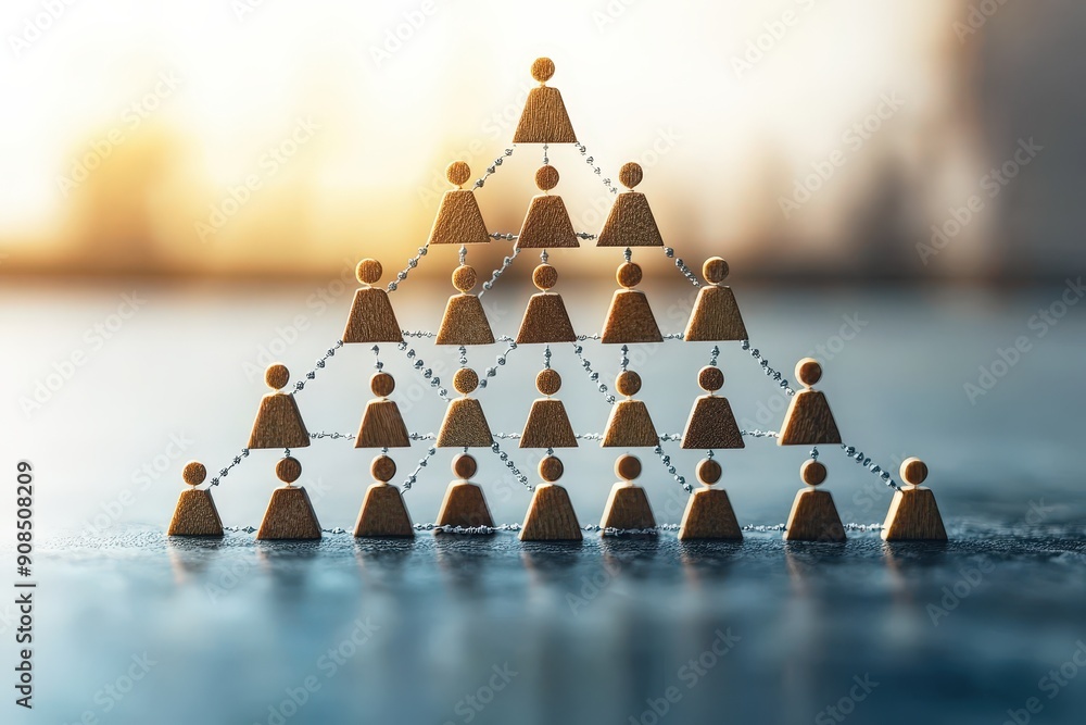 Poster the power of hierarchy: wooden figures meticulously arranged in a hierarchical pyramid, symbolizing 