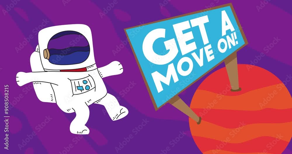 Poster astronaut in space with get a move on! text. abstract dancing line cartoon animation. 4k hd format r